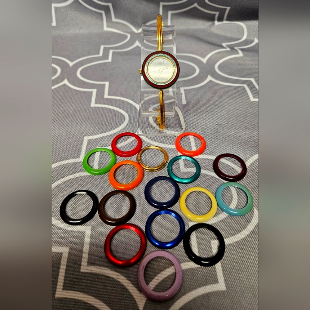 Vintage Gucci 18K Gold Plated Watch w/ 17 Interchangeable Bezels, RARE